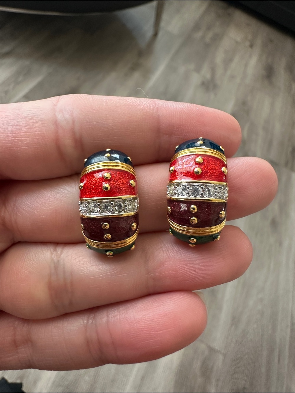 Vintage Joan Rivers Multicolor Enamel Oval Stud Earrings w/ Simulated Crystal